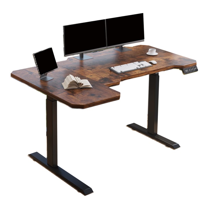 Birou Forma 150cm L-reglabil electric dublu alimentat pe inaltime, MDF Rezistent La Pete si murdarie/Otel, Cu inaltime reglabila electric, Top 150x78/100cm, Functii de Memoriea, Maro