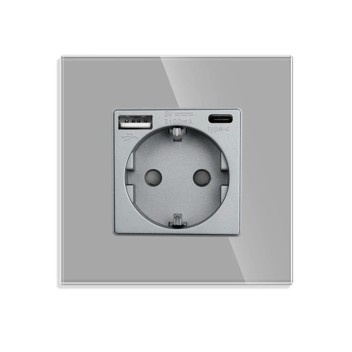 Priza Luxion LXD-MP010UG-GY simpla schuko + USB A + USB C, rama din sticla inclusa, incastrata, gri