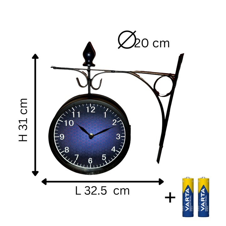 Часовник, двустранен, стенен, аналогов, изработен от метал, със стойка, 2 батерии включени, безшумен, със стъклен прозорец, Ø 20 см