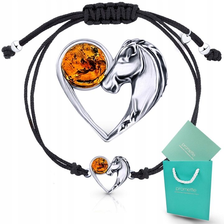 Bratara Promette, din argint 925, cu chihlimbar natural, snur reglabil