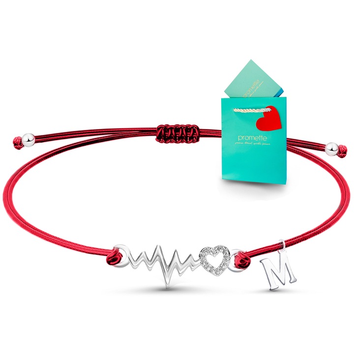 Bratara Promette, din argint 925, zirconiu, cu snur reglabil rosu