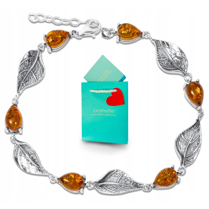 Bratara Promette, din argint 925, cu chihlimbar, model frunze, argintiu/maro