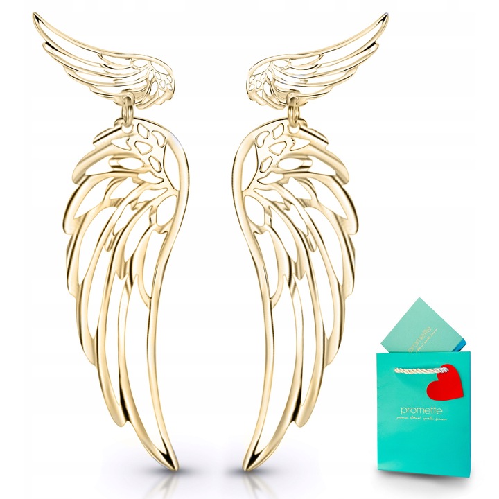 Cercei lungi, Promette, model aripi, argint 925, placat cu aur