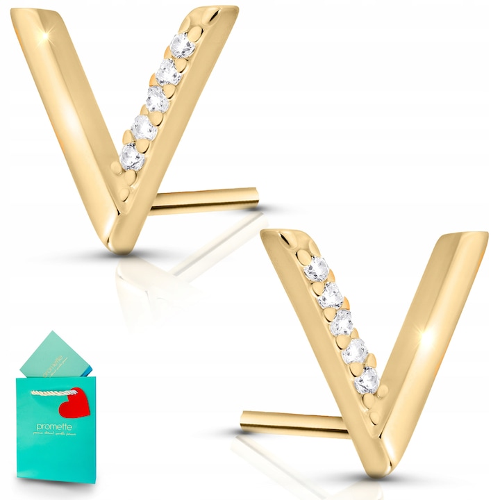 Cercei Promette, model litera V, argint 925, placat cu aur, cu zirconiu