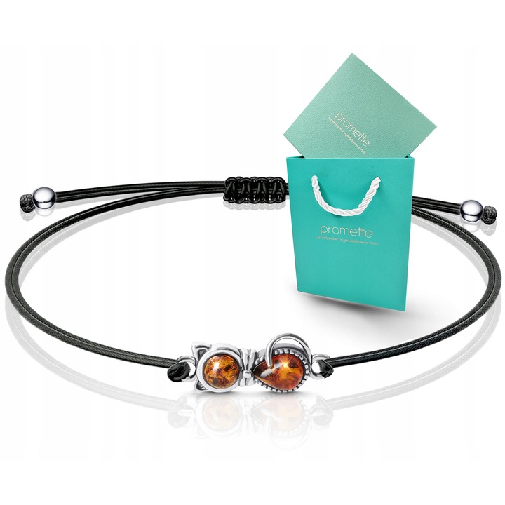 Bratara Promette, din argint 925, cu chihlimbar natural, snur reglabil