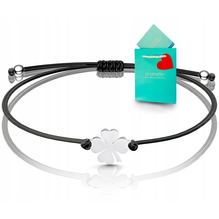 Bratara Promette, din argint 925, cu snur reglabil, model trifoi, negru/argintiu