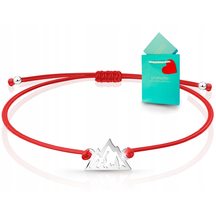 Bratara Promette, din argint 925, cu snur reglabil, argintiu/rosu