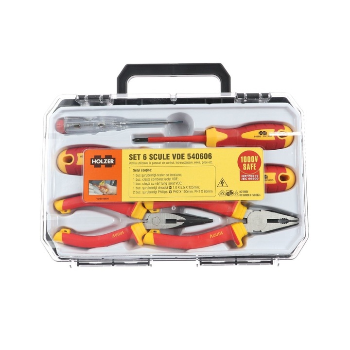 Комплект от 6 ръчни инструмента, Holzer VDE 540606, изолация 1000 V