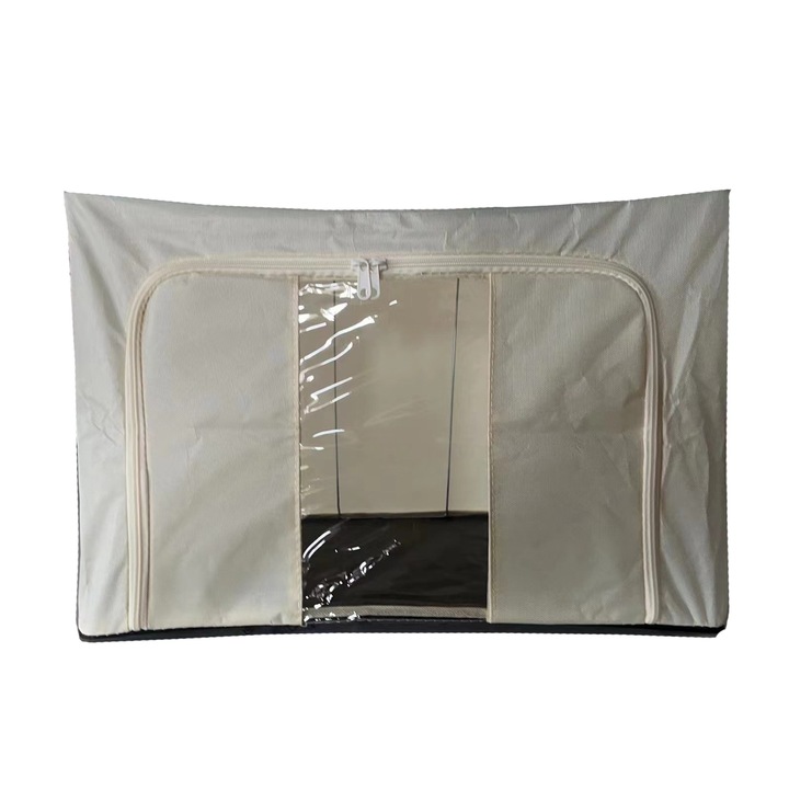 Cutie de Depozitare Pliabila, Cadru Metalic, cu Fermoar, 100 L, Material Textil, 60 X 42 X 40 cm, Suport de Baza din Plastic Stabil, Bej, Stef's Cat