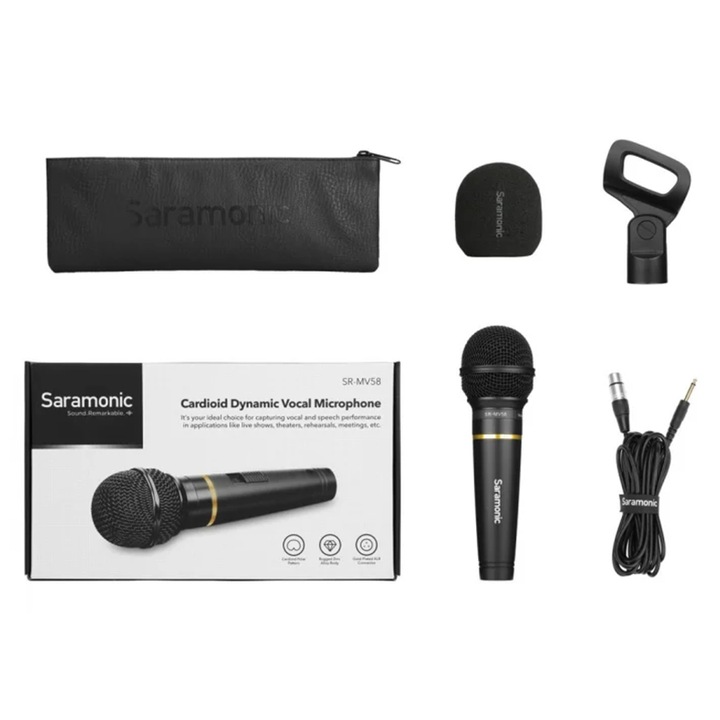 Microfon Saramonic SR-MV58 dinamic cardioid alb/negru, utilizare profesionala, conectivitate XLR