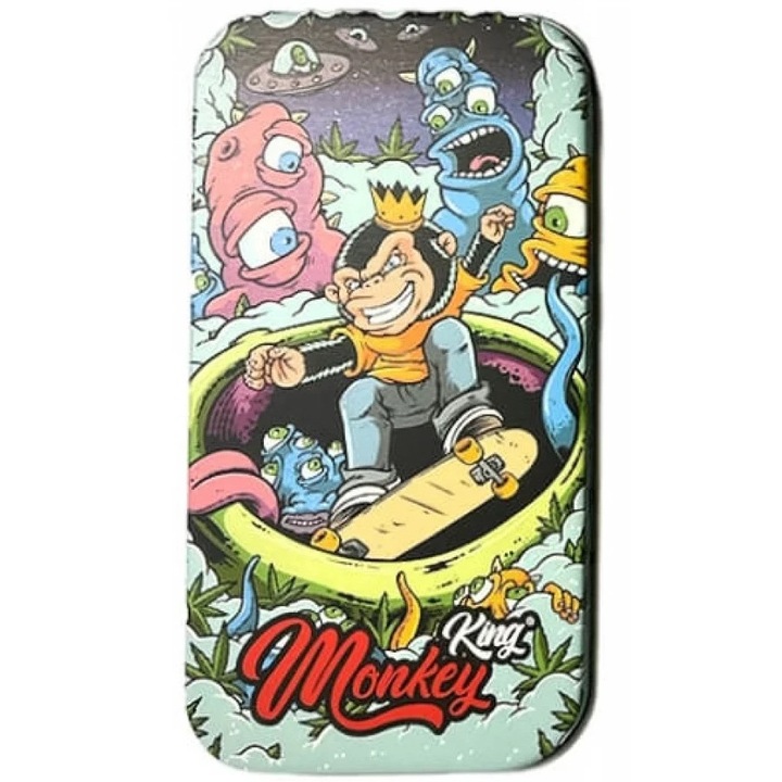 Skate Monkey King Space hordozható fémdoboz gyógyszerek, ékszerek, dohány stb. tárolására, levehető fedéllel, univerzális, 11,5 x 6 cm