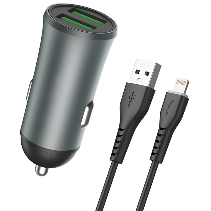 DaDen autós töltő Lightning kábellel, 2 USB-A porttal, gyorstöltés, szürke