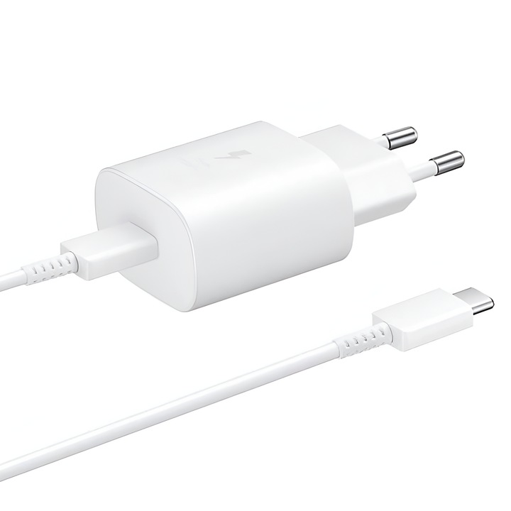 Incarcator Retea Compatibil cu Samsung 25W, by ONSG®, EP-TA800EBE cu Cablu USB-C la USB-C EP-DA705BBE, Tehnologie Super Fast Charging si Power Delivery, Ambalaj Eco, Lungime 1m, Accesorii Universale, Culoare Alb