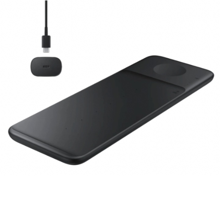 Incarcator Wireless 3 In 1 compatibil Samsung, Base Trio EP-P6300TBEGEU, Telefon, Smartwatch, Casti, Galaxy Watch Buds, Fast Charging, USB-C, Compatibil Samsung Galaxy, iPhone, Android, Dock Station Cu Adaptor Retea si Cablu Inclus, Negru