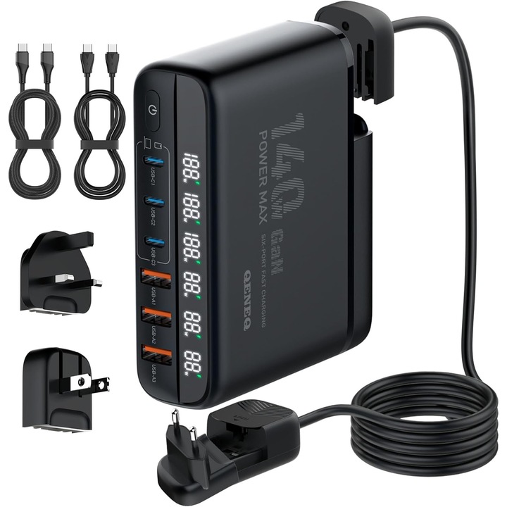 LINDO A6140C 140W GaN зарядно за стена, бързо зареждане, 3xUSB-A, 3XUSB-C, EU/UK/US QC5.0 PPS PD съвместимо за MacBook, iPad, iPhone 16 15