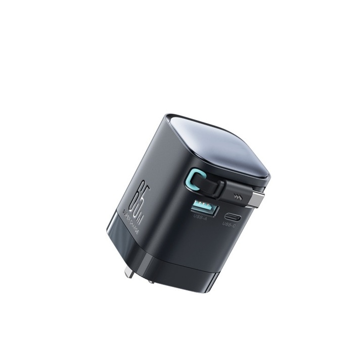 Incarcator telefon mobil, 65W, lungime cablu 60cm, Tip-C, USB-C, USB-A, compact si portabil, negru