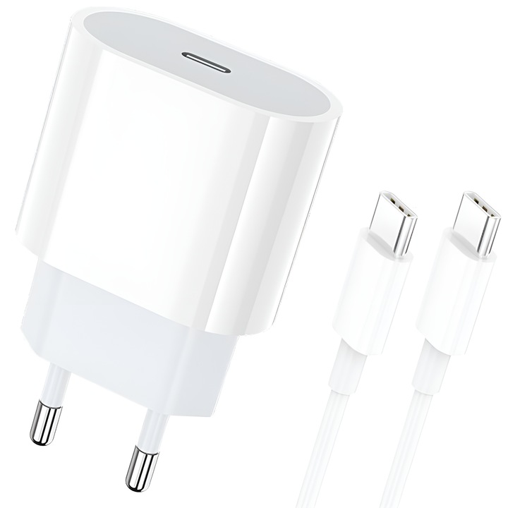 Incarcator Universal Fast Charge 20W Type-C, compatibil iPhone, Samsung, Xiaomi, Huawei, ideal pentru calatorii, Alb