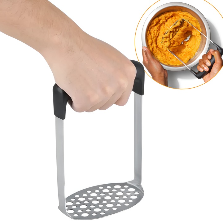 Presa pentru cartofi din otel inoxidabil Salestore.ro®, zdrobitor cu maner ergonomic anti-alunecare, 16, 8 x 11, 2 x 7, 2 cm, Pasator manual pentru legume, Negru/Argintiu