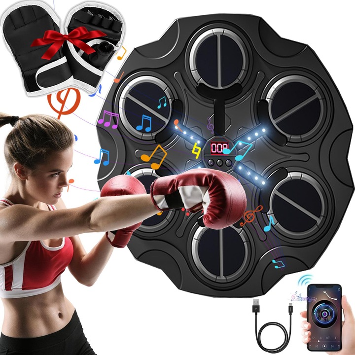Tinta lovituri box, Puepoul, 6 Chei, Aparat muzical de box, Cu manusi, Difuzor incorporat, Conexiune Bluetooth, Ecran LCD, Iluminare LED pentru zona de lovire, Montabil pe perete, 1300mAh, Incarcare USB, Pentru Copii si Adulti, Negru