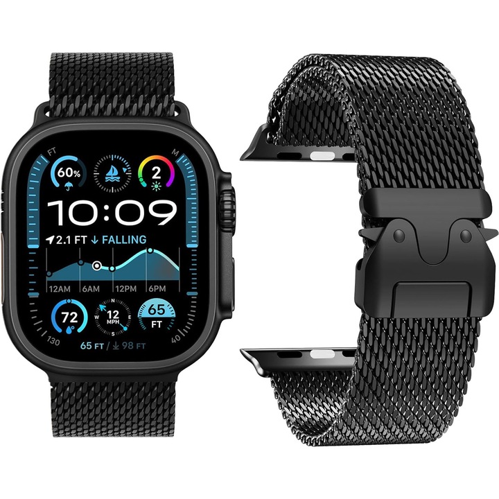 Curea Milanese Metalica Apple Watch Ultra/SE/9/8/7/6/5/4/3/2/1 - 42/44/45/49MM, PsAyl®, Ajustabila, Prindere Magnetica, din Otel Inoxidabil, Usoara si confortabila, Negru