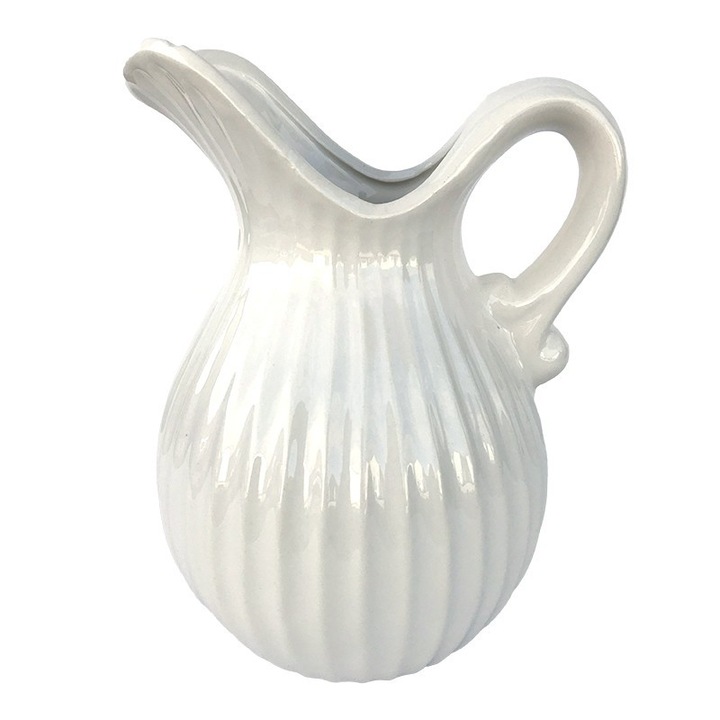 Vaza din ceramica in forma de carafa cu dungi, alb, 13x18 cm