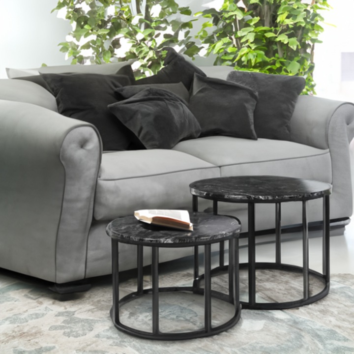 Комплект от 2 холни маси OpenHome, Черен мрамор, MDF, Диаметър на голямата маса 60 см, Диаметър на малката маса 50 см, Метални крака, Минималистичен дизайн, Функционални