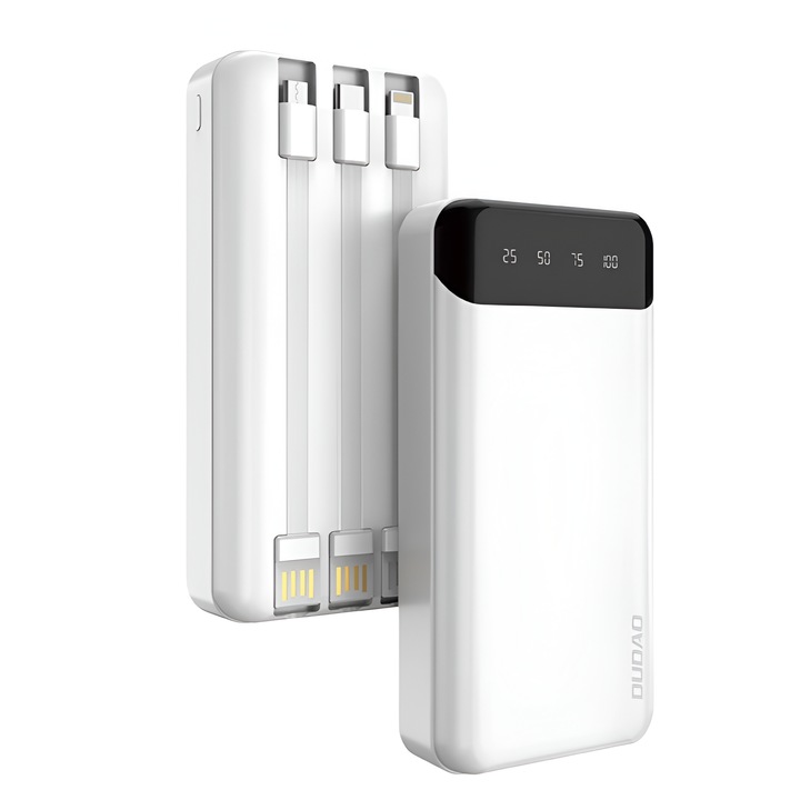 Powerbank Extern 20000mAh Dudao K6Pro+ cu 3 Cabluri Integrate USB Type C, Micro USB, Incarcare Rapida Simultana 3 Dispozitive, Afisaj LED, Protectie Inteligenta, Carcasa Rezistenta ABS, Alb
