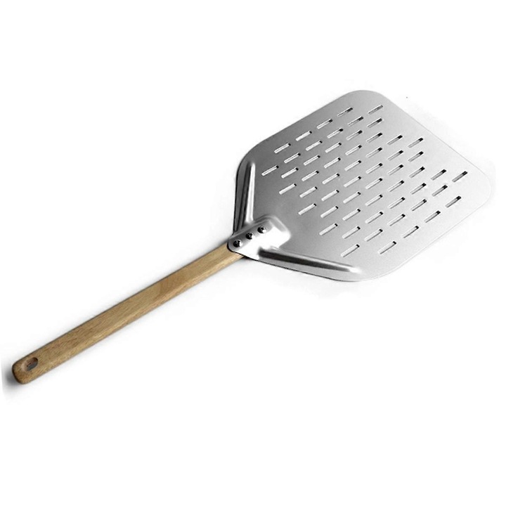 Лопатка за пица 30см, метална с дървена дръжка, перфорирана, устойчива на топлина