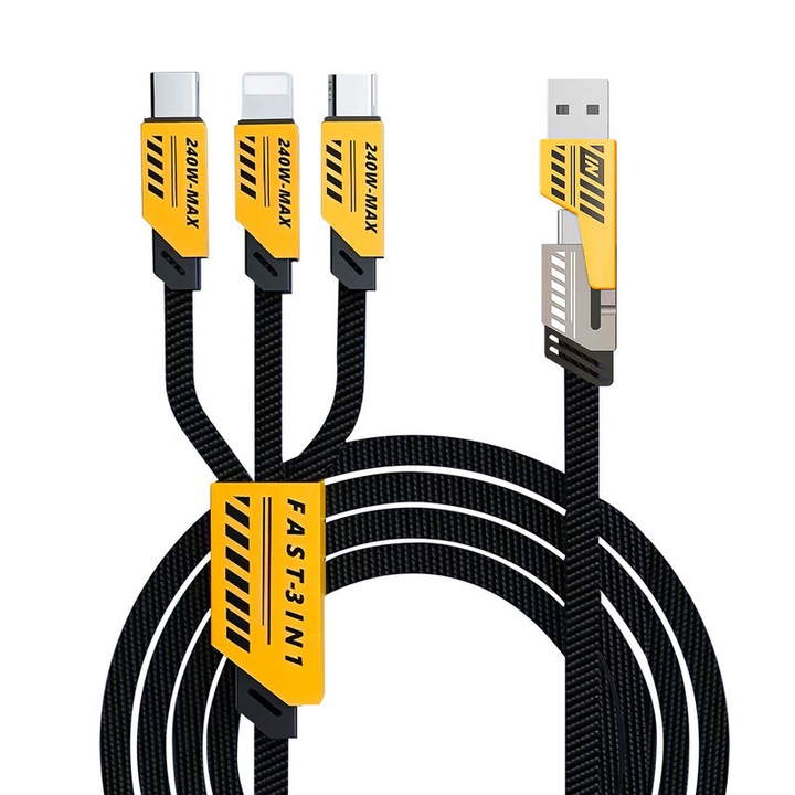 Cablu de date 3-in-1, 1m, USB-C/Micro-USB/Lightning, argintiu, incarcare rapida 3.1A, transfer date 480Mbps