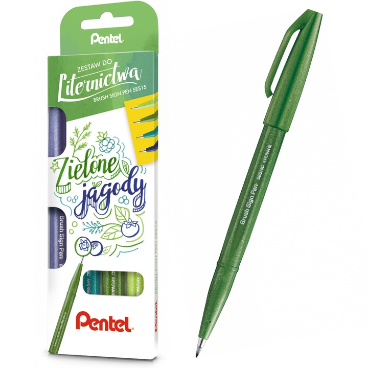 Комплект от 4 химикалки Pentel, 4 цвята, синьо-черно, маслинено зелено, тюркоазено, светло зелено