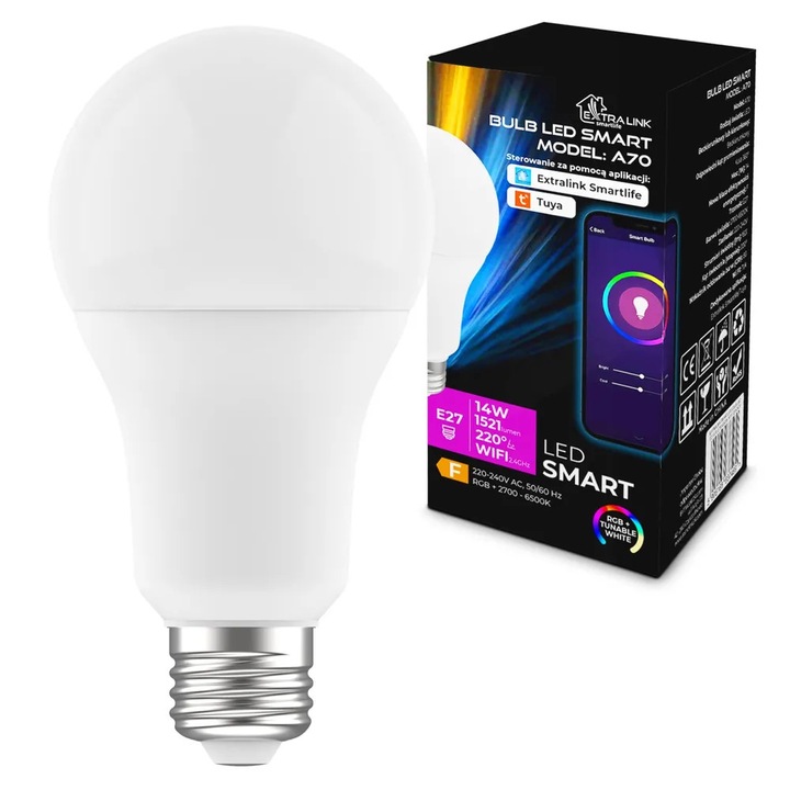 LED крушка Extralink Smartlife E27 A70, бяла/цветна, 11W, 2700-6500K, 1055 lm, комплект от 1 брой