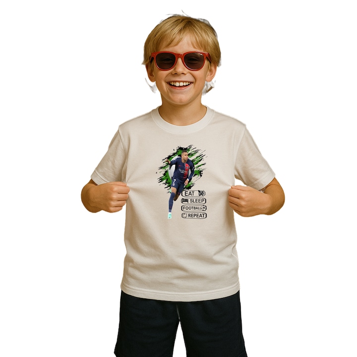 Tricou copii cu Mbappe Eat Sleep Footbal Repeat, Alb