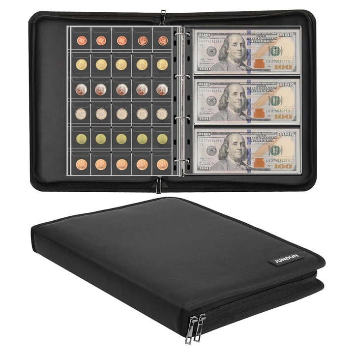 Album pentru colectii de monede, capacitate mare, impermeabil, ignifug, 360 de buzunare, 12 pagini pentru bancnote, negru