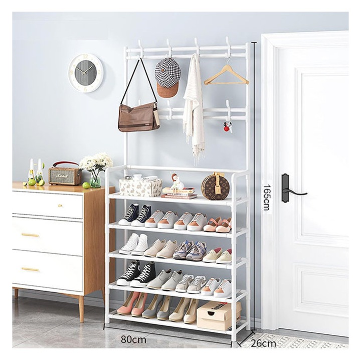 Organizator pantofi, 5 niveluri, alb, 60x26x165cm, cu carlige pentru haine