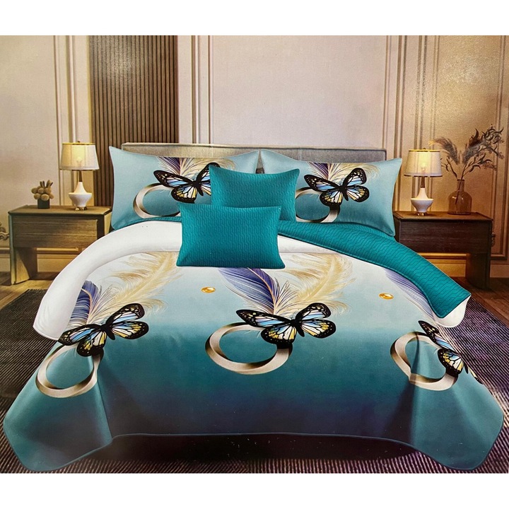 Set Lenjerie de pat din FINET, pentru 2 persoane, 6 piese, Cearceaf de pat 245 x 250 cm, Cearceaf pilota 200 x 230 cm, 2 fete perna 70 x 70 cm, 2 fete perna 55 x 80 cm, Verde Turcoaz