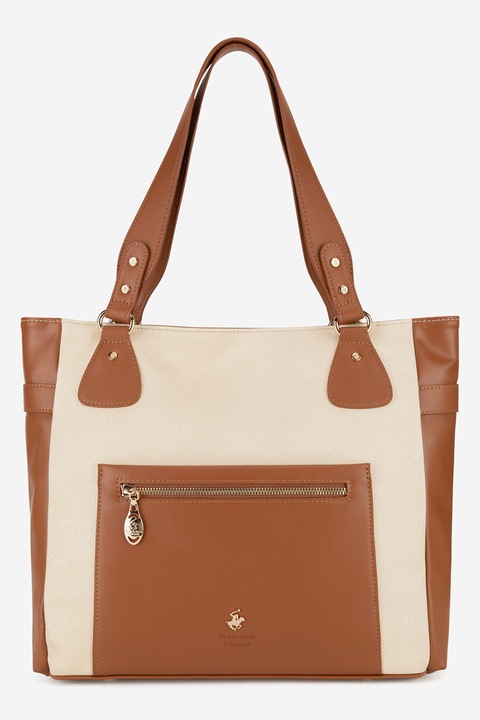 Beverly Hills Polo Club, Geanta shopper cu segmente din panza, Bej, Caramel