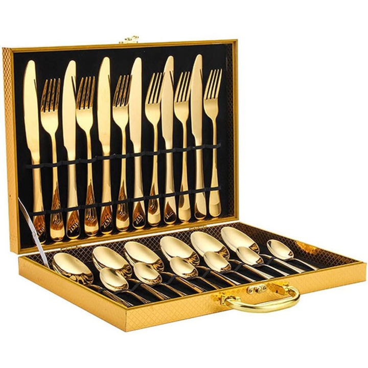 Set tacamuri din inox, 24 piese, aurii, pentru 6 persoane, cu cutie din lemn premium