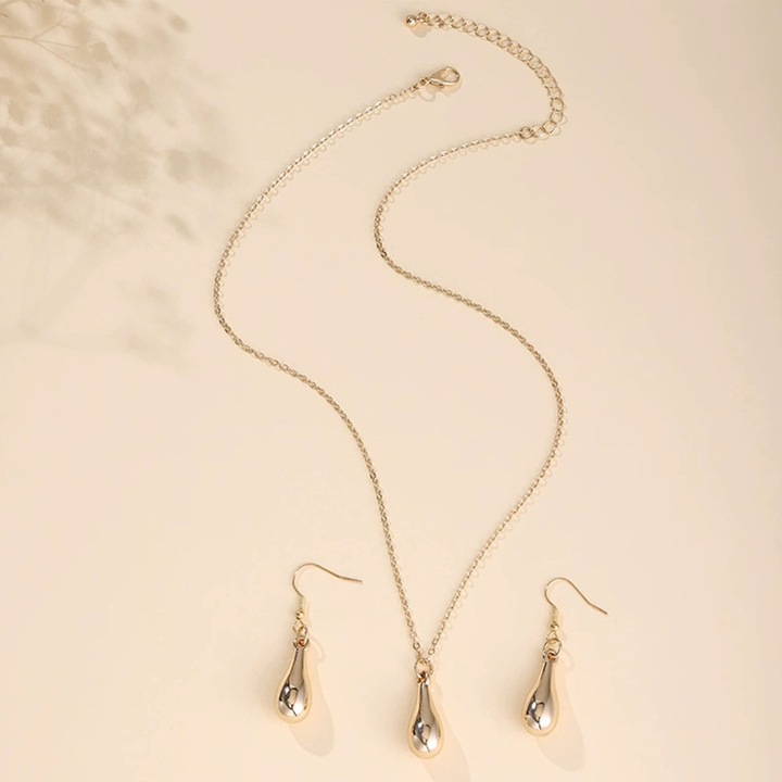 Set cercei si colier TREXORA, design minimalist, forma picatura de apa, auriu, pentru femei