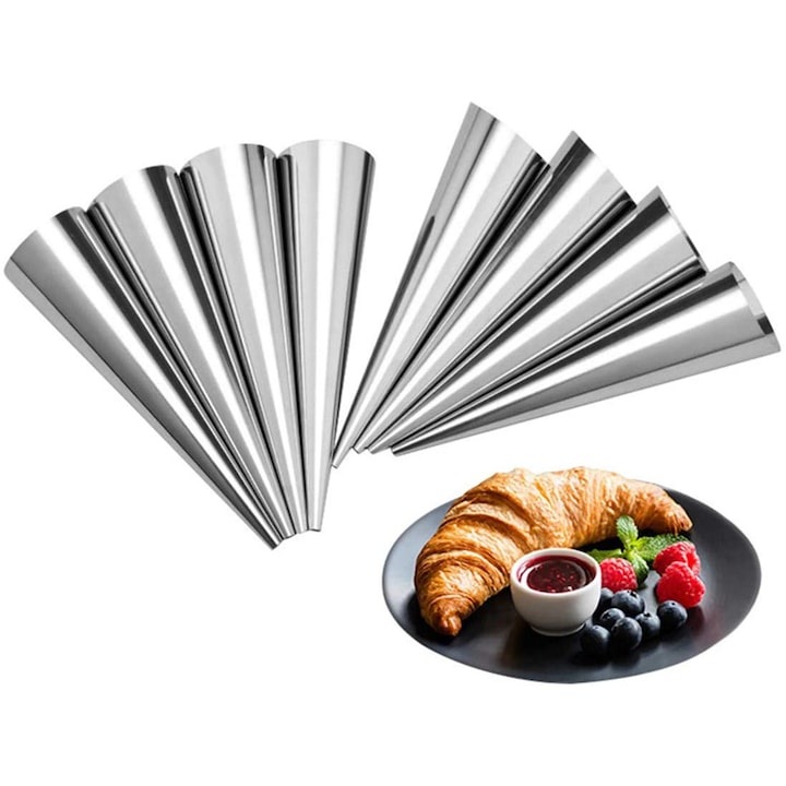 Комплект от 8 фунийки, понички, конусовидни форми, рула, неръждаема стомана за торти, корнети или корнети, с четка за почистване, 12×3,5 см