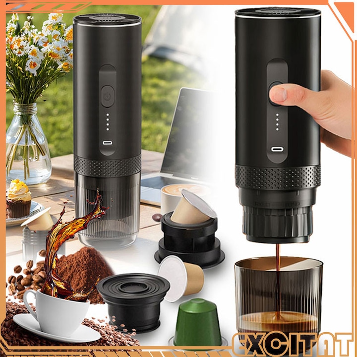 Espressor Portabil 20 Bar, EXCITAT®, Cafetiera de Voiaj cu Baterie 7500mAh, Incalzire Automata, 100W, si incarcare prin USB-C, Interior din Otel Inoxidabil, 80ml, Compatibil cu capsule Nespresso, Ideal Camping, Trusa Picnic, Espresso Profesional, Negru