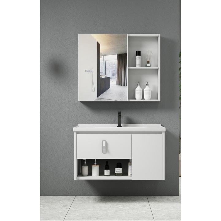 Set mobilier pentru baie PoliHome Ezra, alb, cu dulap suspendat si lavoar, dimensiuni mari