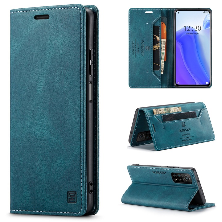 Husa pentru Xiaomi Mi 10T 5G, Mi 10T Pro 5G, Redmi K30s, CaseMe Retro, slim, piele, tip portofel, stand, inchidere magnetica, textura moale, protectie RFID, Albastru