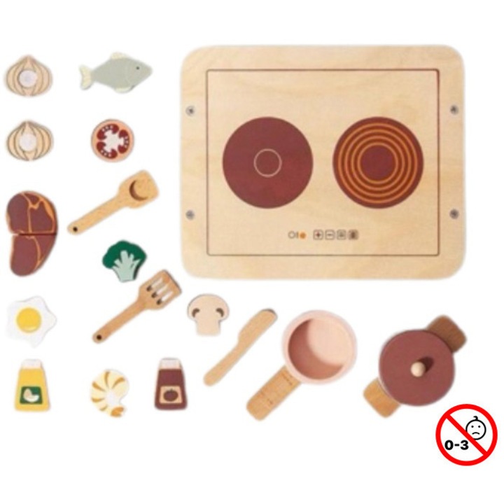 Set bucatarie copii Joyland, plita, ustensile de gatit si alimente din lemn, multicolor