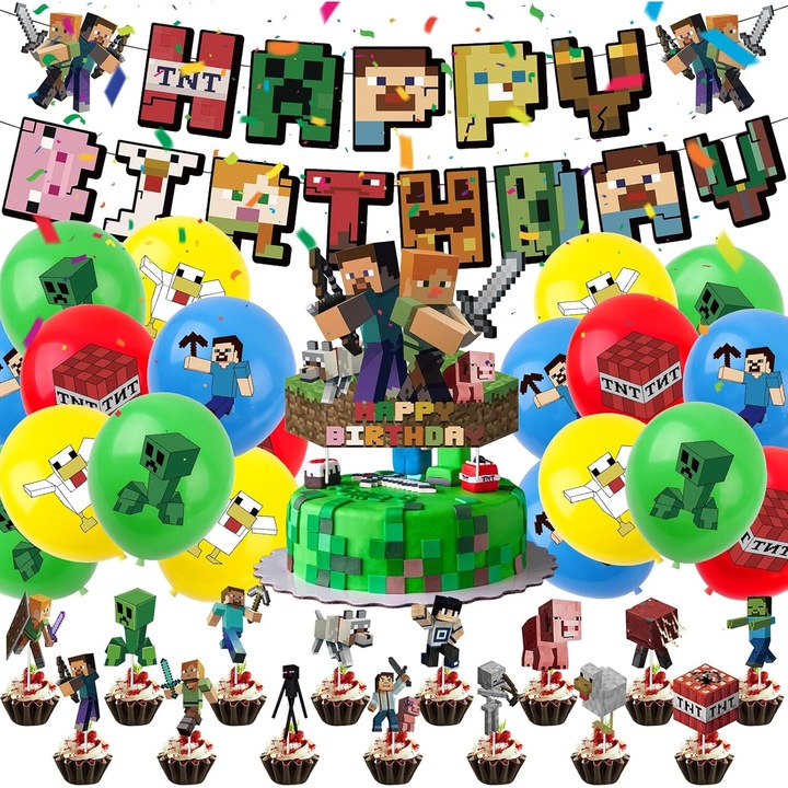 Декорация за рожден ден на Minecraft, Декорация за рожден ден на момчета, Декорации на тема „Миньорски геймъри“, Аксесоари за парти с видеоигри, Комплект аксесоари за парти с видеоигри, Декорации за рожден ден на тема видеоигри