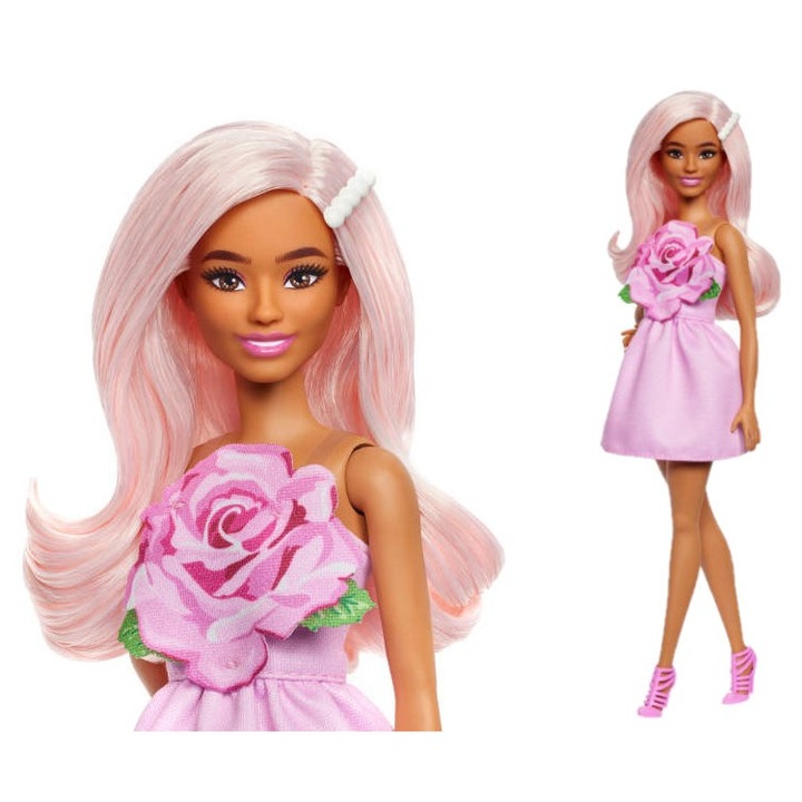 Barbie divatbaba, rózsaszín ruha, virágos applikáció, hosszú rózsaszín haj