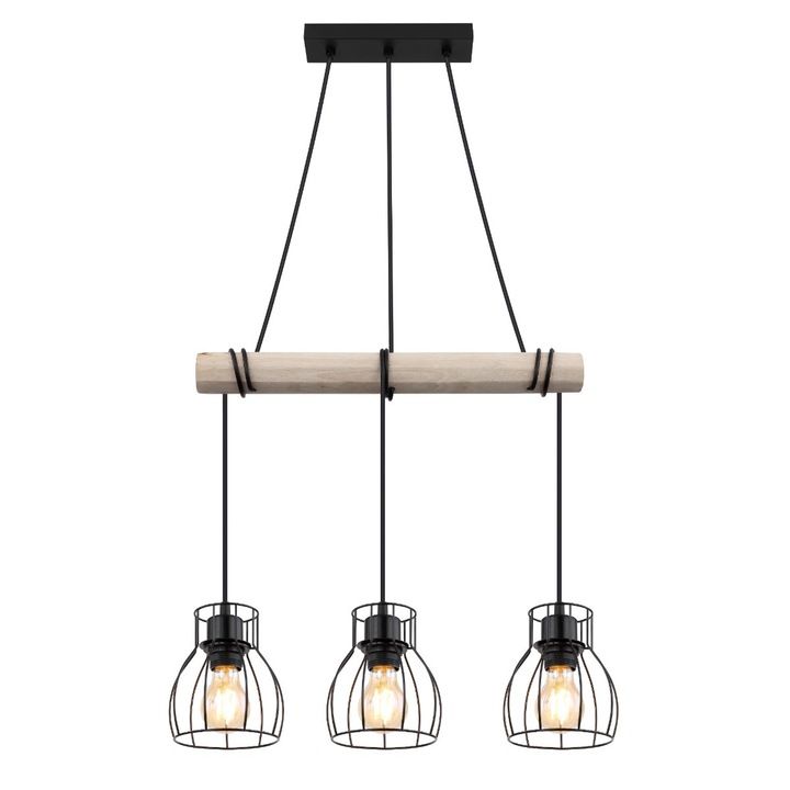 Suspensie Mina 15326-3H, 3 x E27, lemn natur + negru, rustica