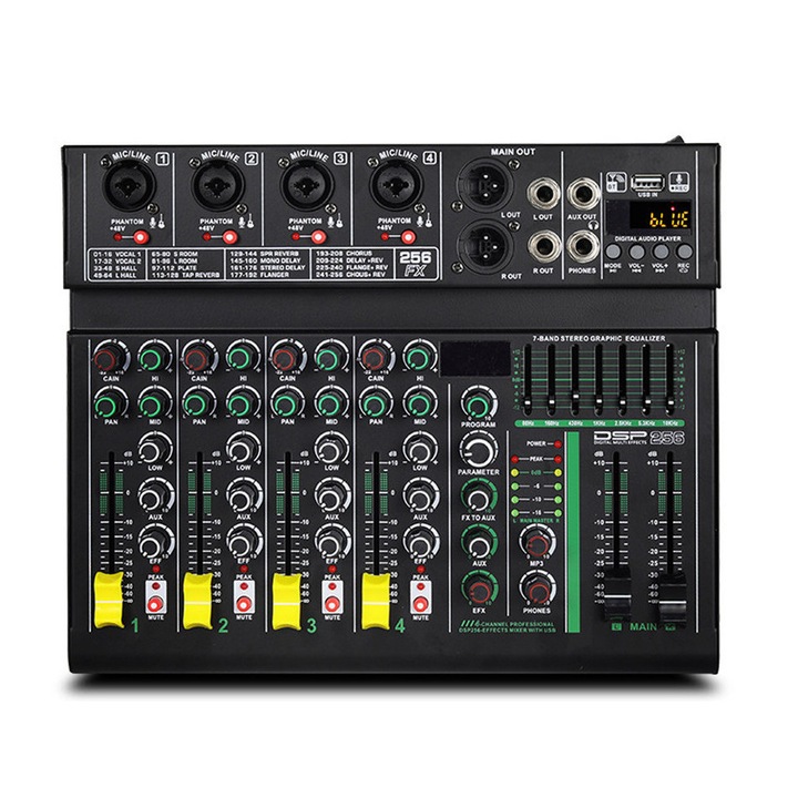 Професионален аудио миксер Fudisenn, 4 канала, Bluetooth 5.0, USB, 48V захранване, 256DSP цифрови ефекти, Черен