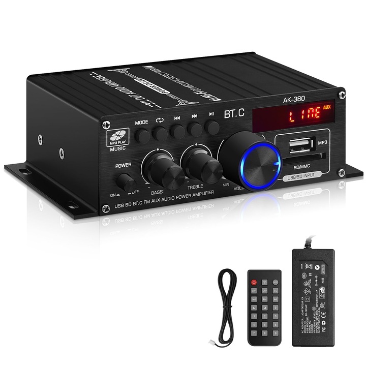 Amplificator audio AK-380, 2 canale, Bluetooth, USB, 80W, cu telecomanda, antena FM