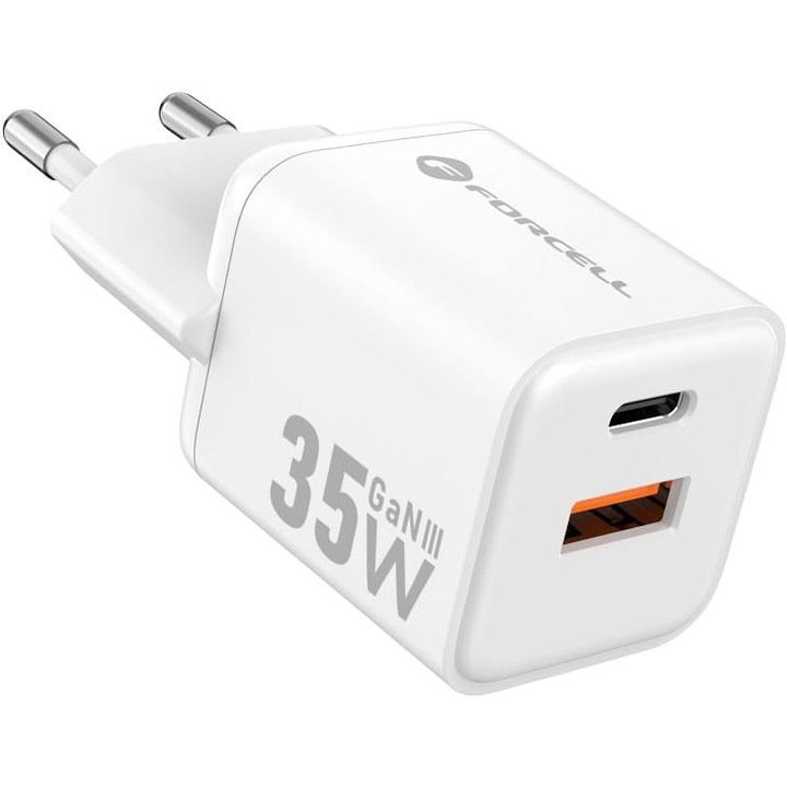 Hálózati töltő Forcell F-Energy Mini VT-35C 35W, USB-C PD, USB-A QC 4.0, GaN, fehér