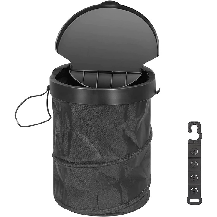 Autós szemetes, fekete, összecsukható, vízálló, szett, 1x szemetes, 1x rugalmas pánt